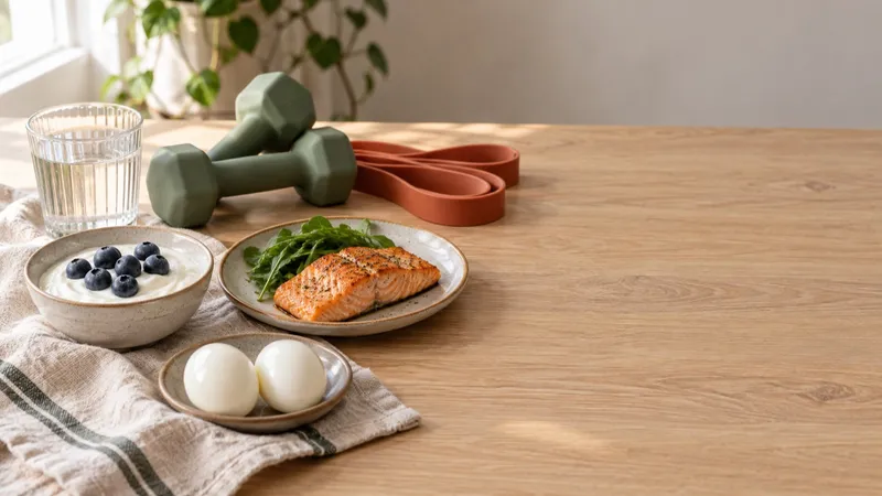Small portions of Greek yogurt with blueberries, baked salmon and boiled eggs on a wooden table beside green dumbbells and a resistance band