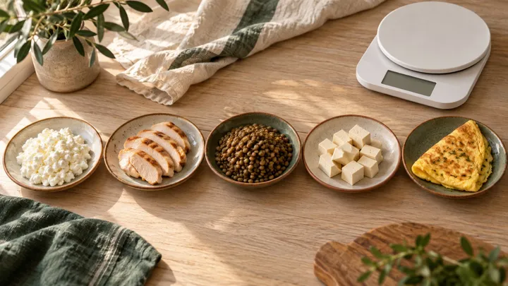 Five small plates in a row holding cottage cheese, sliced chicken, lentils, tofu cubes and an omelette, with a kitchen scale