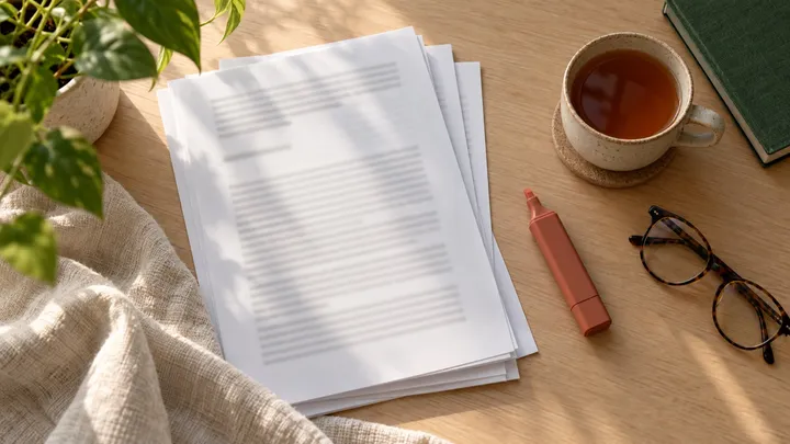 Printed research papers on a wooden desk next to a cup of tea, a highlighter and reading glasses