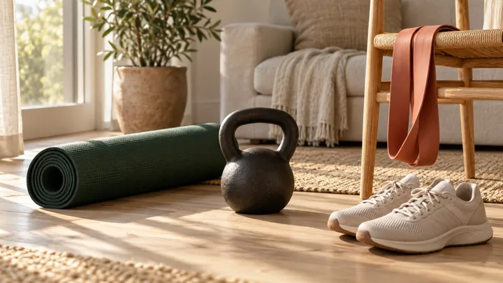 A rolled green exercise mat, a cast-iron kettlebell, a resistance band over a chair and trainers on a living-room floor